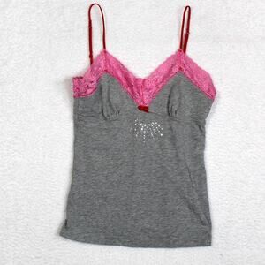 Y2K Victorias Secret Pink Cami Top Womens Small Gray Lace Trim Rhinestone Bow